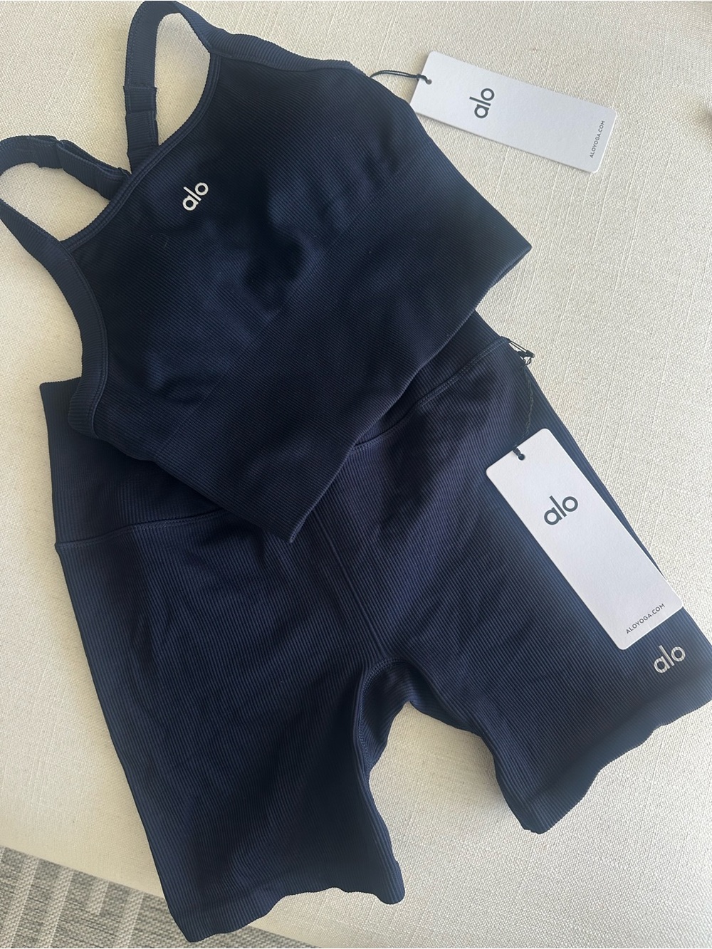 ALO Yoga Navy Ribbed Bike Shorts - Picture 2 of 6